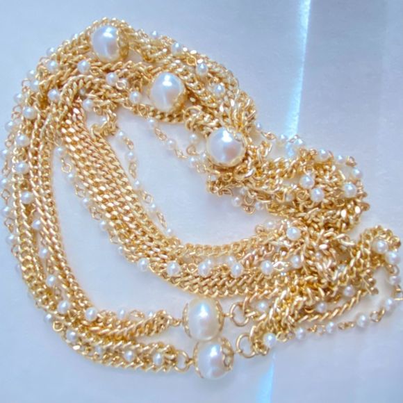 Sarah Coventry Opera Station Necklace layered Gold Tone Chains Faux Pearl Accent - Picture 5 of 11